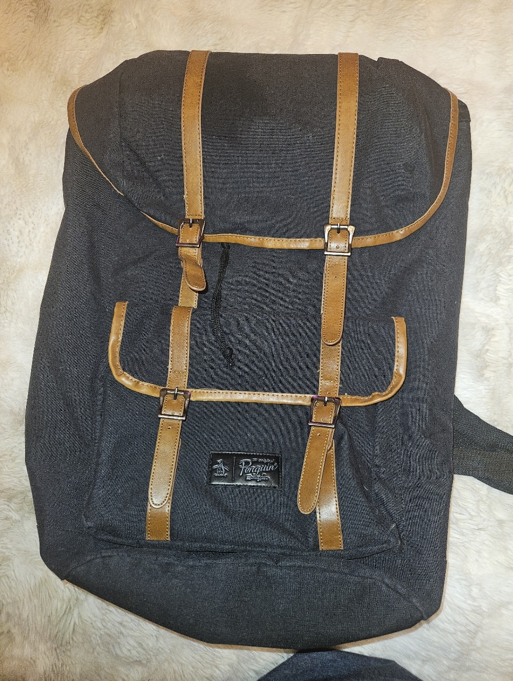 Original Penguin Black Backpack Brown Buckle Adjustable Padded Straps Men